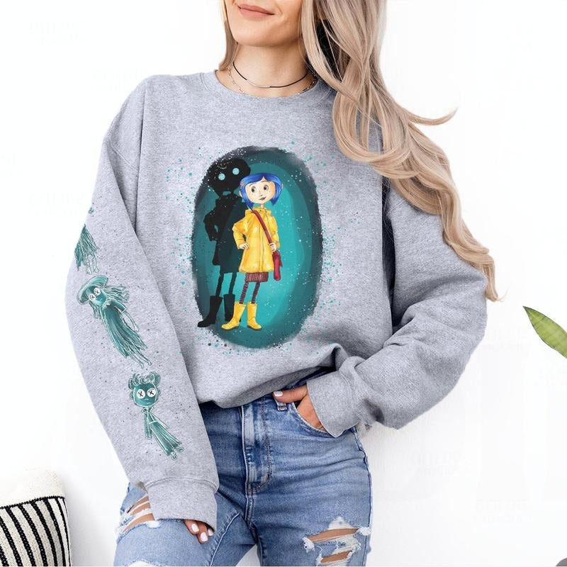 Coraline with three Ghost friends Sweatshirt Hoodie, Coraline Fantasy movies tshirt, Horror Character Shirt, Halloween Crewneck Sweatshirt