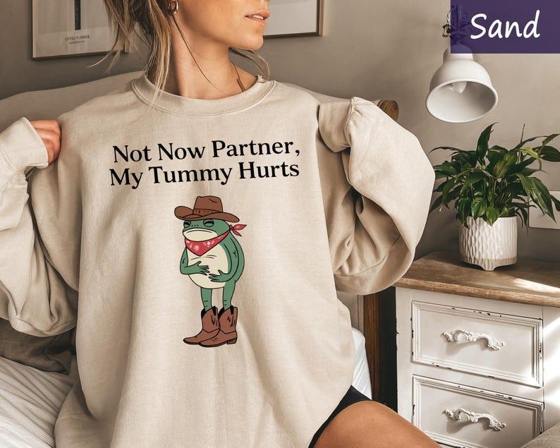 Cowboy Frog Sweatshirt, Not Now Partner My Tummy Hurts, Funny Meme Sweatshirt, Western Graphic T-shirt, Funny Saying Sweater Menswear Hoodie