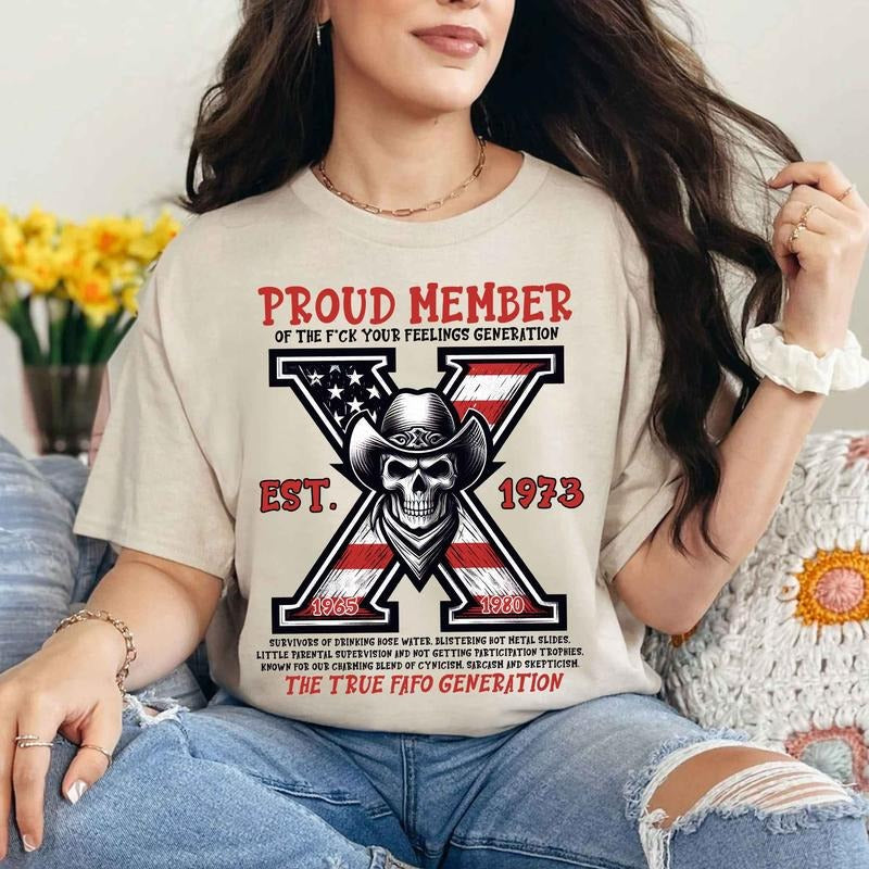 Custom Year Gen X Shirt, Skull Flag GenerationX T-shirt, Vintage Est.1973 Gen X 1965-1980 Shirt Collar Cotton Tshirt Fabric Fit Fabric Fit style 001