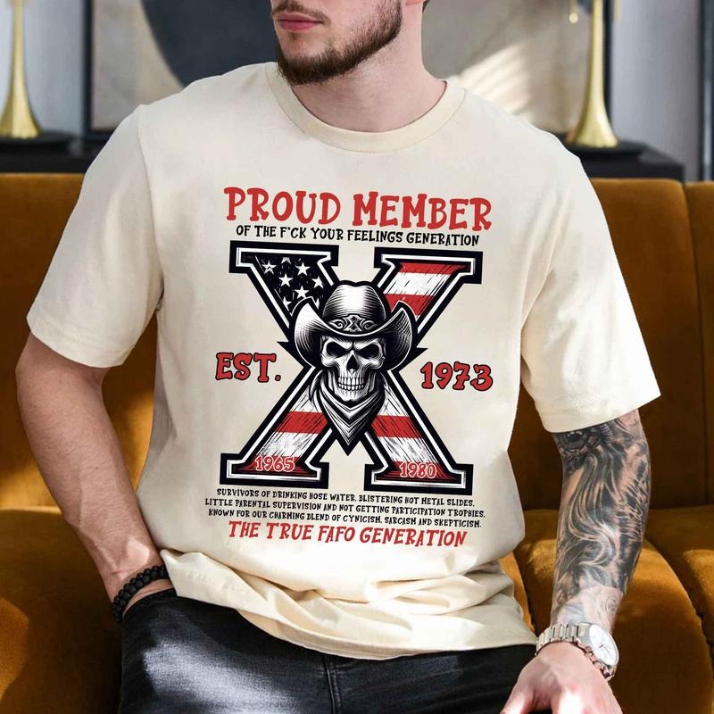 Custom Year Gen X Shirt, Skull Flag GenerationX T-shirt, Vintage Est.1973 Gen X 1965-1980 Shirt Collar Cotton Tshirt Fabric Fit Fabric Fit style 001