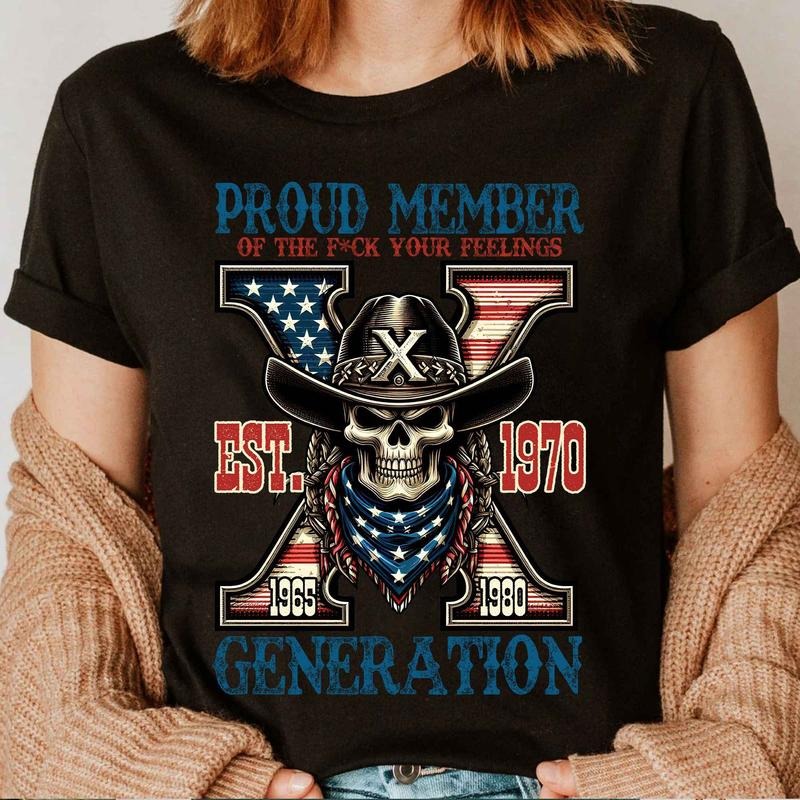Custom Year Skull Flag GenerationX T-shirt, Vintage Est.1970 Gen X 1965-1980 Shirt Classic Cotton Tshirt style 001