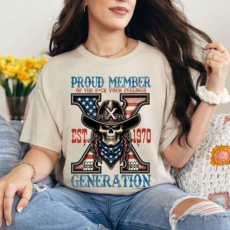 Custom Year Skull Flag GenerationX T-shirt, Vintage Est.1970 Gen X 1965-1980 Shirt Classic Cotton Tshirt style 001