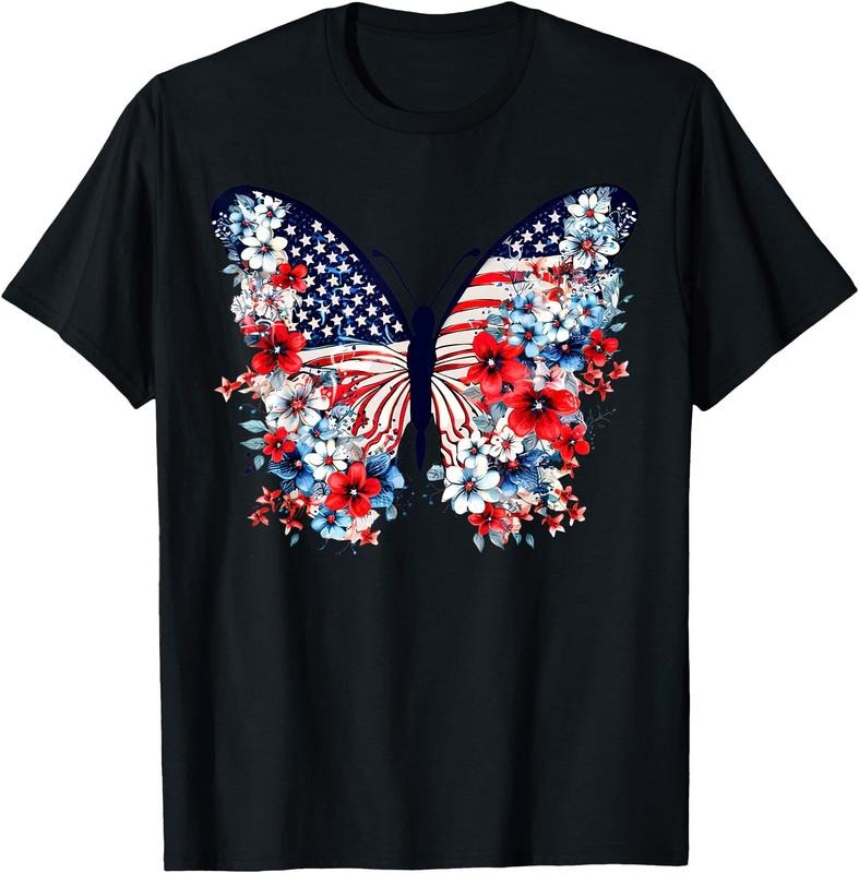 Cute Butterfly Flower Red White Blue US Flag 4th Of July  Unisex T-Shirt Sweatshirt Hoodie Crewneck Casual Shortsleeve Tshirt Classic Cotton Collar Soft