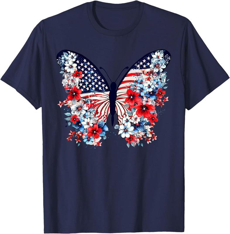 Cute Butterfly Flower Red White Blue US Flag 4th Of July  Unisex T-Shirt Sweatshirt Hoodie Crewneck Casual Shortsleeve Tshirt Classic Cotton Collar Soft