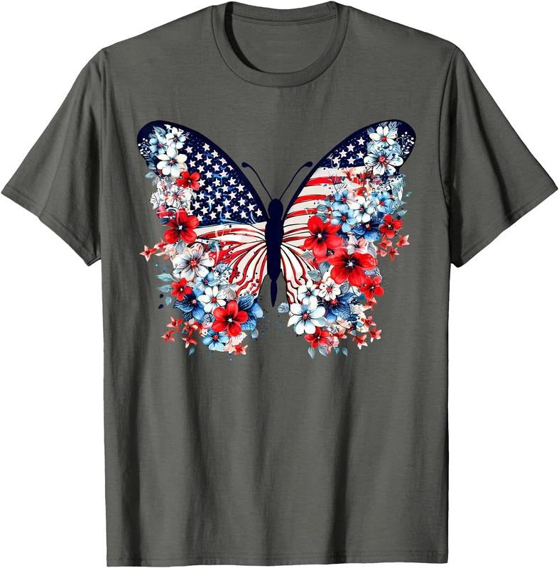 Cute Butterfly Flower Red White Blue US Flag 4th Of July  Unisex T-Shirt Sweatshirt Hoodie Crewneck Casual Shortsleeve Tshirt Classic Cotton Collar Soft