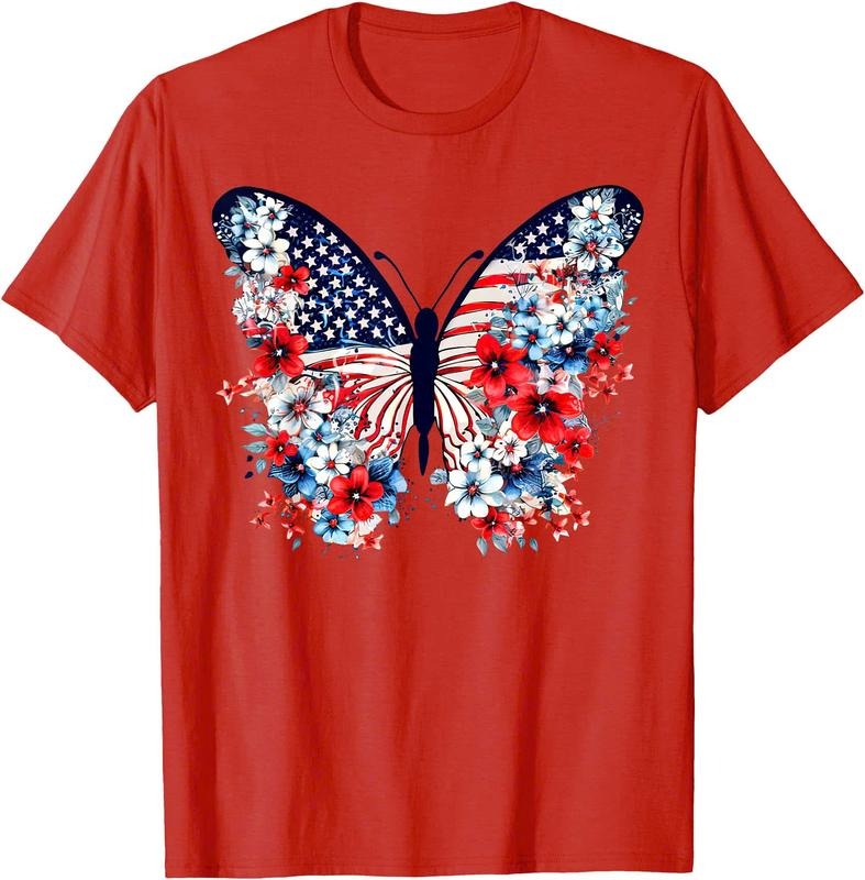 Cute Butterfly Flower Red White Blue US Flag 4th Of July  Unisex T-Shirt Sweatshirt Hoodie Crewneck Casual Shortsleeve Tshirt Classic Cotton Collar Soft