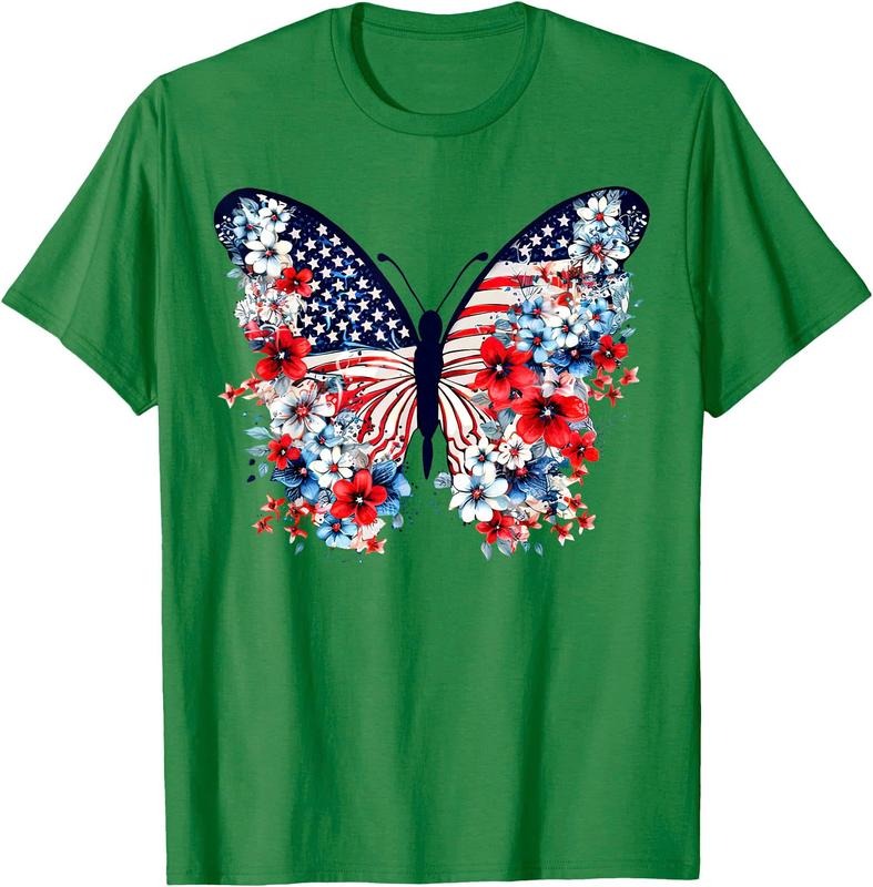 Cute Butterfly Flower Red White Blue US Flag 4th Of July  Unisex T-Shirt Sweatshirt Hoodie Crewneck Casual Shortsleeve Tshirt Classic Cotton Collar Soft