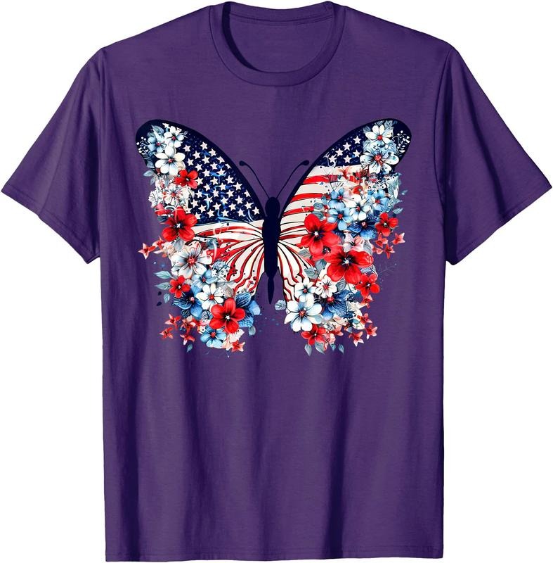 Cute Butterfly Flower Red White Blue US Flag 4th Of July  Unisex T-Shirt Sweatshirt Hoodie Crewneck Casual Shortsleeve Tshirt Classic Cotton Collar Soft