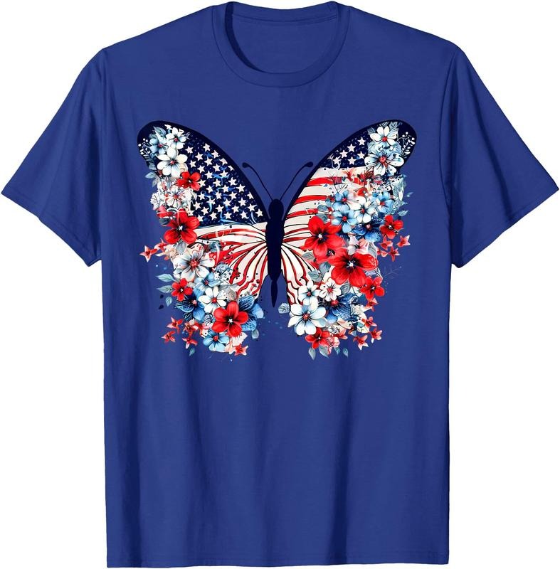 Cute Butterfly Flower Red White Blue US Flag 4th Of July  Unisex T-Shirt Sweatshirt Hoodie Crewneck Casual Shortsleeve Tshirt Classic Cotton Collar Soft