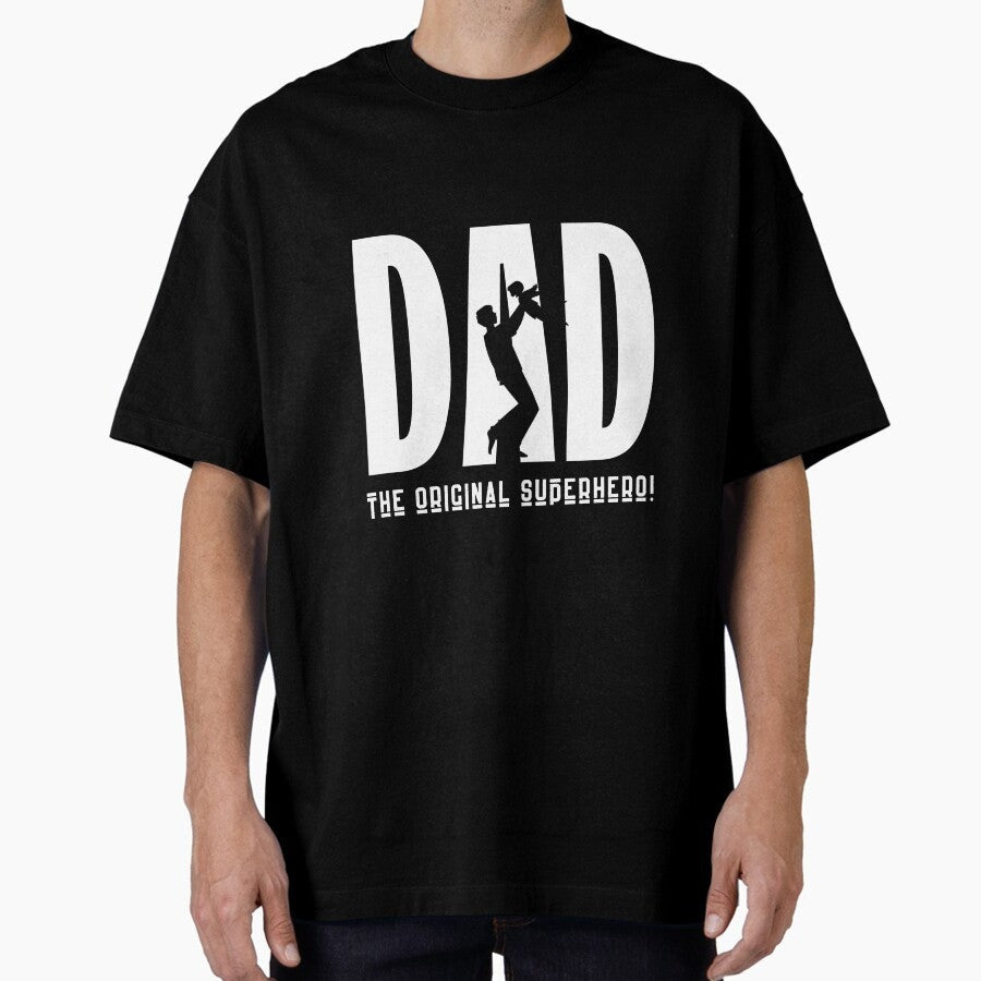 "Dad the original superhero!" Black and White Minimalist Father's Day Superhero Dad T-Shirt Oversized T-Shirt