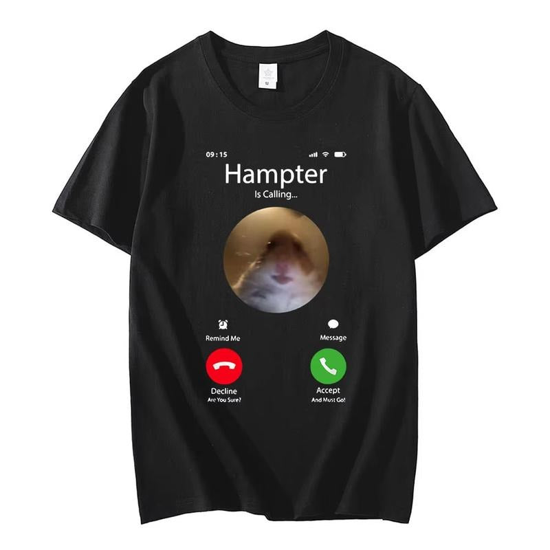 Dank Meme Hamster Staring Front Camera Hampter Calling Vintage Graphic T-shirt Fashion Short Sleeve T-shirts Oversized Streetwear Unisex, Menswear Top