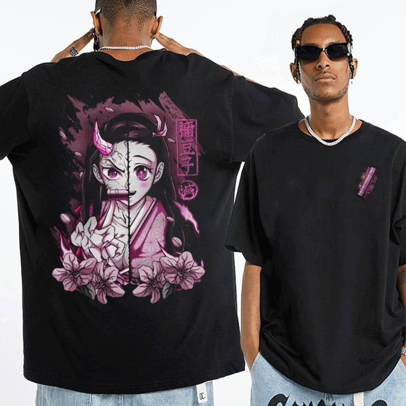 Demon Slayer Kamado Nezuko 2 Sides T-Shirt - 90s Slayer Style Graphic Anime Tee, Unisex Cotton Top, Soft Polyester, Black & Pink Design
