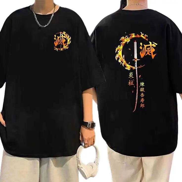 Demon Slayer Kyojuro Rengoku Katana T-Shirt - 90s Slayer Style Graphic Tee - Unisex Crewneck - Black with Red Design - Cotton and Polyester Blend