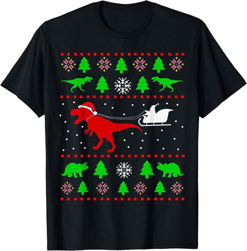 Dinosaur Ugly Christmas Sweater for adults Unisex T-Shirt Sweatshirt Hoodie Crewneck Casual Shortsleeve Tshirt Classic Cotton Collar Soft Fabric Menswear