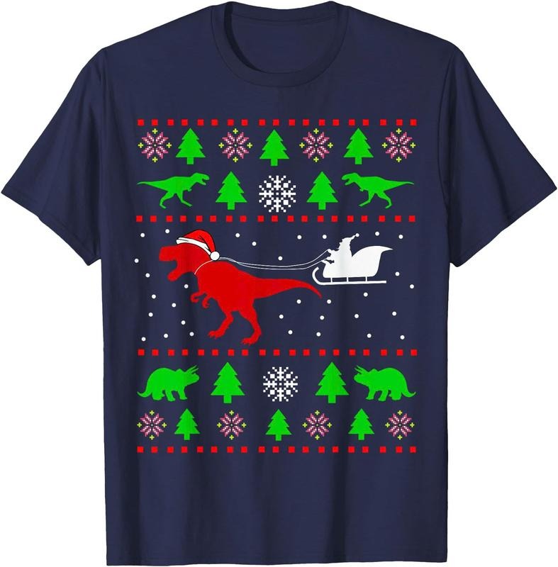Dinosaur Ugly Christmas Sweater for adults Unisex T-Shirt Sweatshirt Hoodie Crewneck Casual Shortsleeve Tshirt Classic Cotton Collar Soft Fabric Menswear