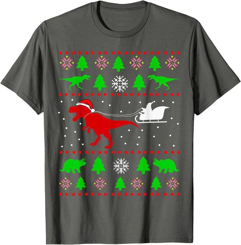 Dinosaur Ugly Christmas Sweater for adults Unisex T-Shirt Sweatshirt Hoodie Crewneck Casual Shortsleeve Tshirt Classic Cotton Collar Soft Fabric Menswear