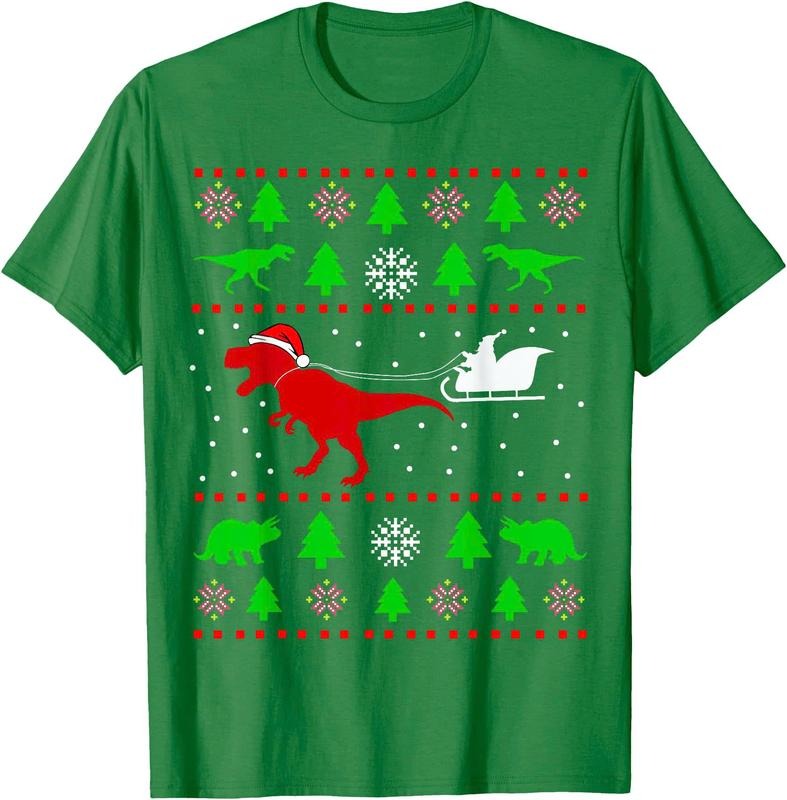 Dinosaur Ugly Christmas Sweater for adults Unisex T-Shirt Sweatshirt Hoodie Crewneck Casual Shortsleeve Tshirt Classic Cotton Collar Soft Fabric Menswear