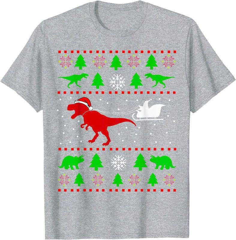 Dinosaur Ugly Christmas Sweater for adults Unisex T-Shirt Sweatshirt Hoodie Crewneck Casual Shortsleeve Tshirt Classic Cotton Collar Soft Fabric Menswear