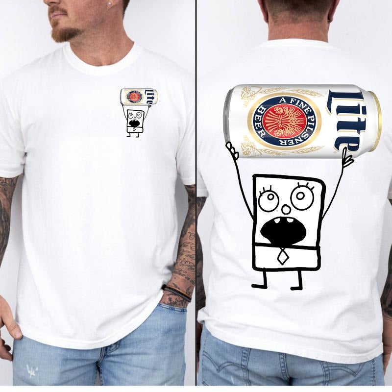 DoodleBob Miller Lite 2 Sided T-Shirt, Doodlebob Beer Graphic 2 Sided Shirt, Vintage Drink T-Shirt, Drink Shirt, Drinking Tshirt for Men, Printed Grap