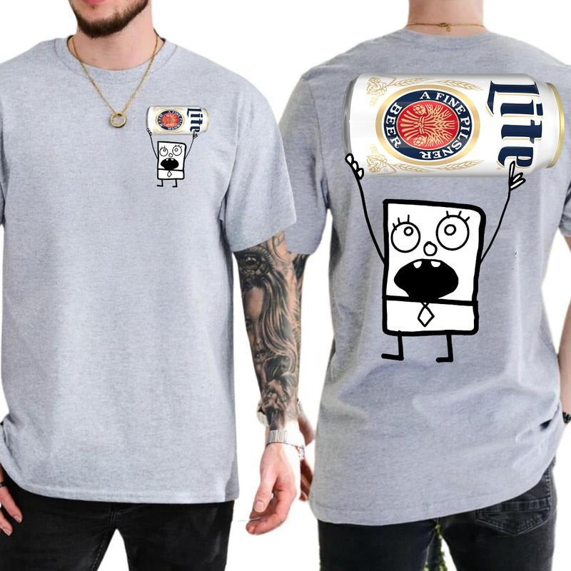 DoodleBob Miller Lite 2 Sided T-Shirt, Doodlebob Beer Graphic 2 Sided Shirt, Vintage Drink T-Shirt, Drink Shirt, Drinking Tshirt for Men, Printed Grap