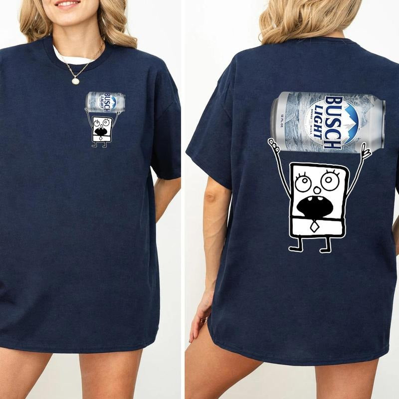 Doodlebob Busch Light Graphic 2 Sided Tee, Funny Busch Light 2 Sided T-shirt, Doodlebob Drinking Shirt, Cotton Tee, Full Sizes, Full Color, For Men, F