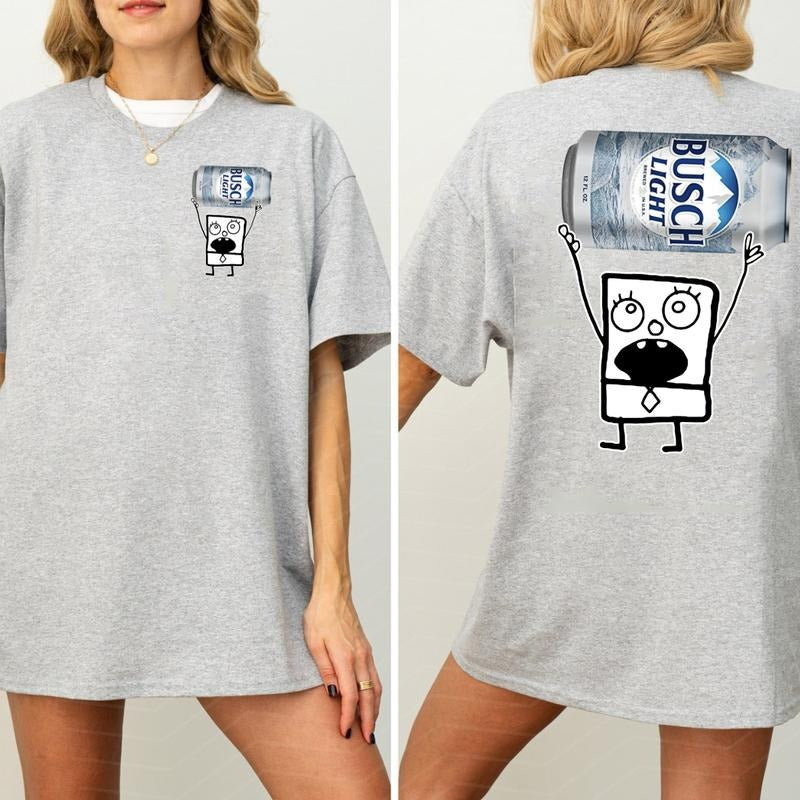 Doodlebob Busch Light Graphic 2 Sided Tee, Funny Busch Light 2 Sided T-shirt, Doodlebob Drinking Shirt, Cotton Tee, Full Sizes, Full Color, For Men, F