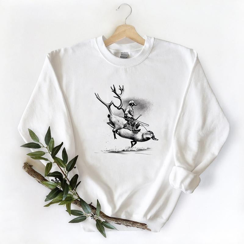 Duck and Hunter Riding Deer Unisex Tshirt Sweatshirt Hoodie, for duck hunters, husbands and Mallard duck lovers