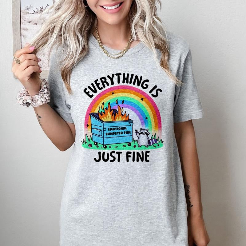 Dumpster Fire Raccoon - T-Shirt -  Print is Sublimation, Unisex T-Shirt, Funny Tee,Gift Idea, Relaxed Fit, Casual Apparel, Great with Jeans, Womenswear Graphic