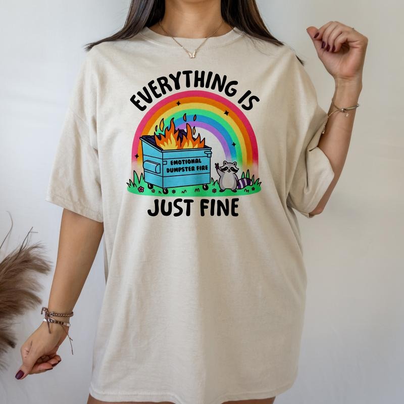 Dumpster Fire Raccoon - T-Shirt -  Print is Sublimation, Unisex T-Shirt, Funny Tee,Gift Idea, Relaxed Fit, Casual Apparel, Great with Jeans, Womenswear Graphic