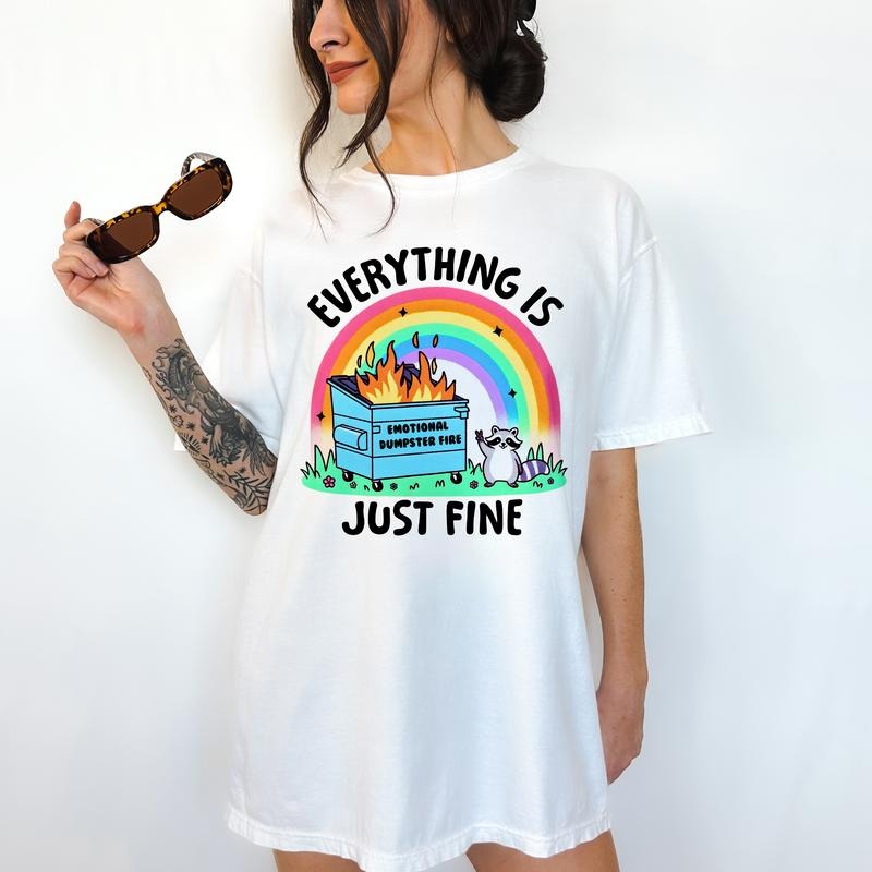 Dumpster Fire Raccoon - T-Shirt -  Print is Sublimation, Unisex T-Shirt, Funny Tee,Gift Idea, Relaxed Fit, Casual Apparel, Great with Jeans, Womenswear Graphic