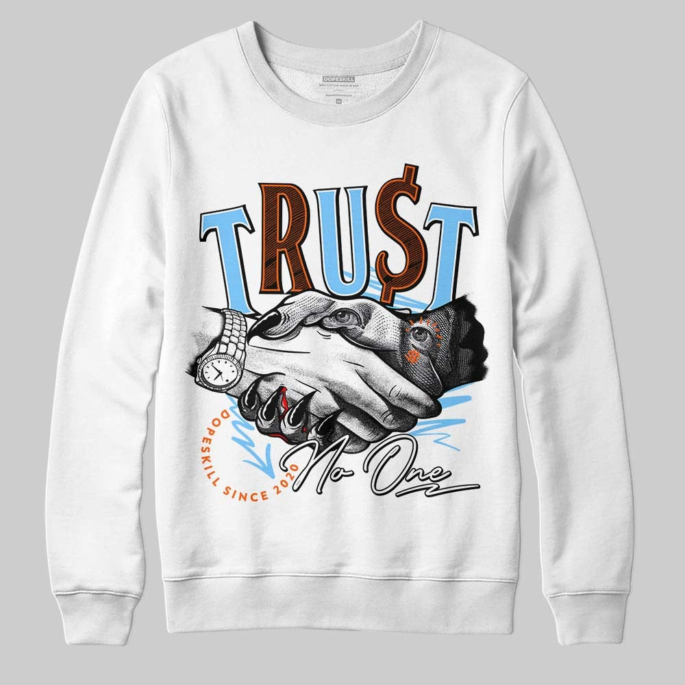 Dunk Low Futura University Blue DopeSkill Sweatshirt Trust No One Graphic