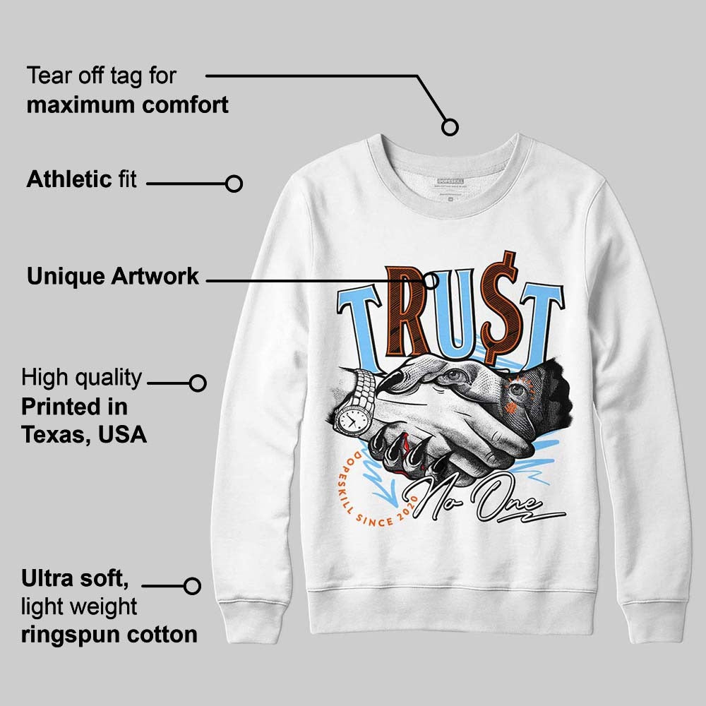 Dunk Low Futura University Blue DopeSkill Sweatshirt Trust No One Graphic