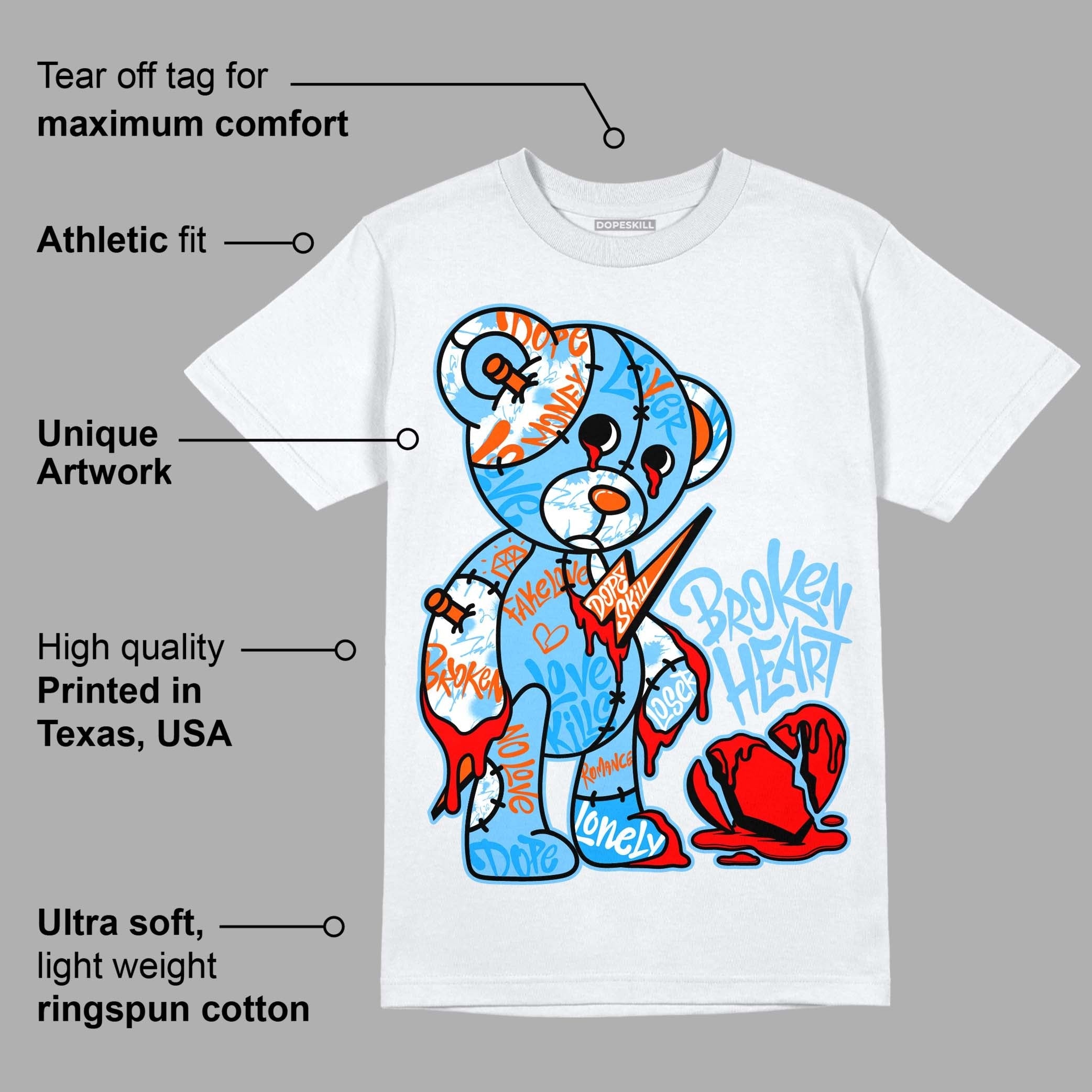 Dunk Low Futura University Blue DopeSkill T-Shirt Broken Heart Graphic