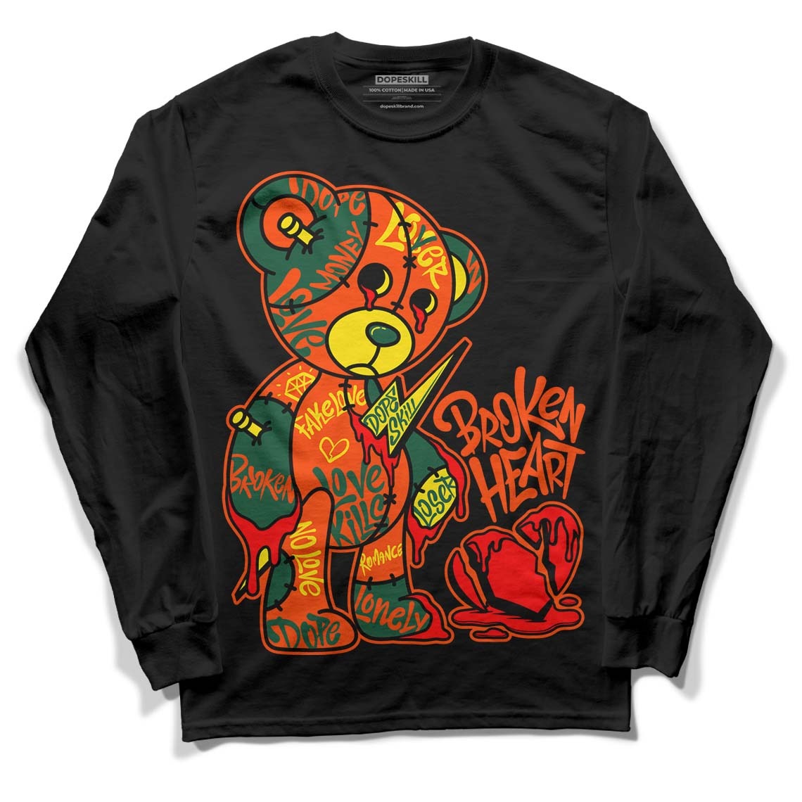 Dunk Low Team Dark Green Orange DopeSkill Long Sleeve T-Shirt Broken Heart Graphic