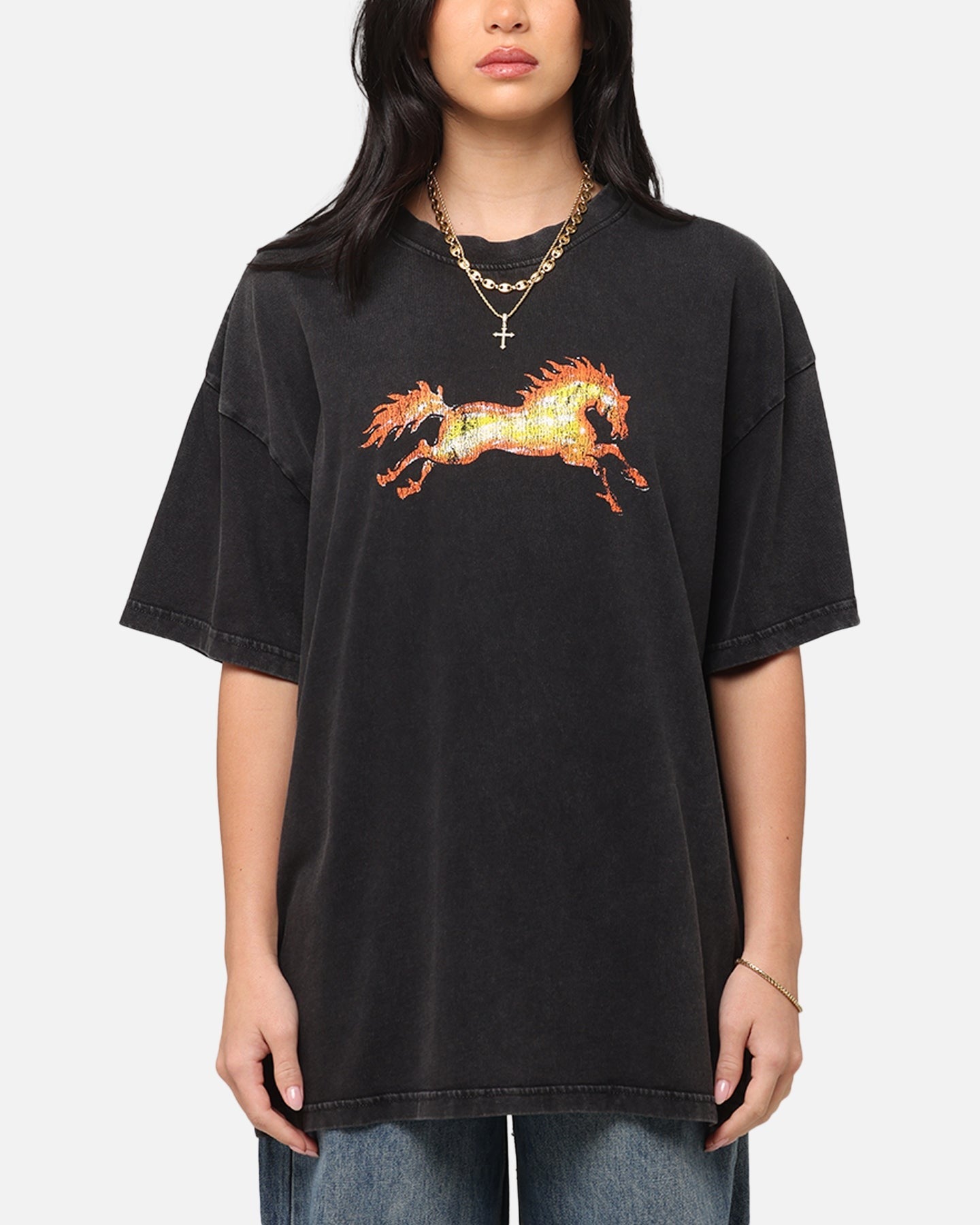 Ed Hardy Horse Power Vintage T-Shirt Black Acidwash Style001