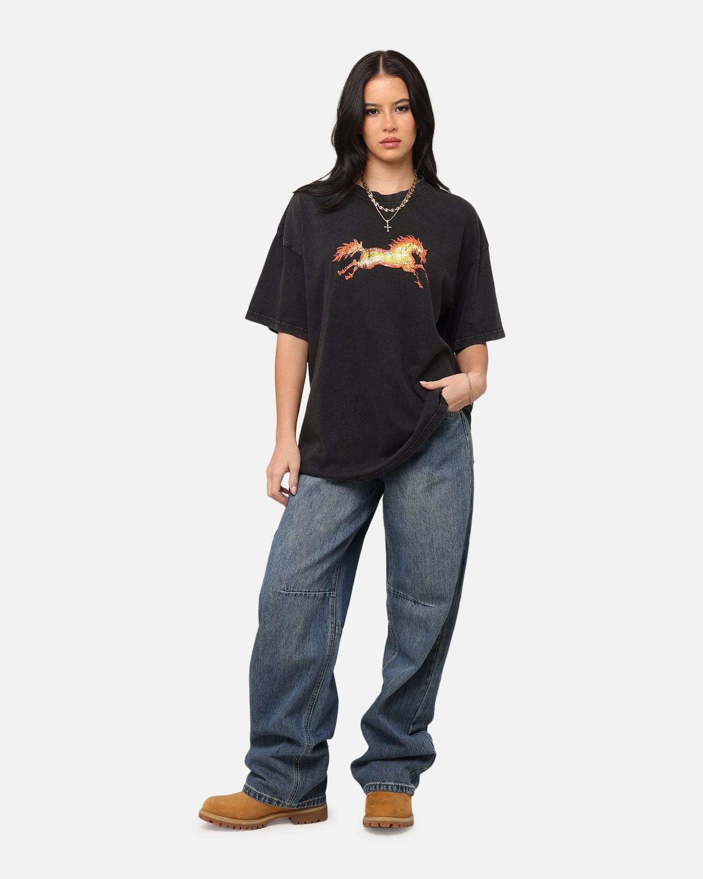 Ed Hardy Horse Power Vintage T-Shirt Black Acidwash Style001