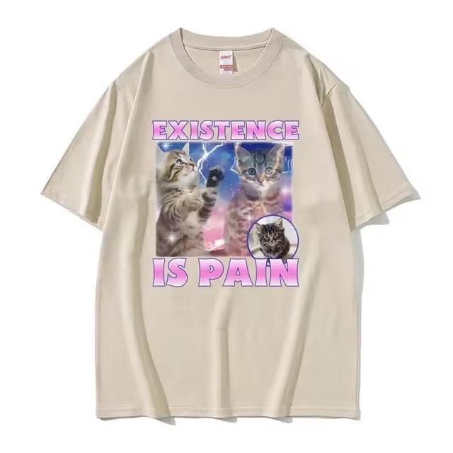 Existence Is Pain Funny Cute Cat Meme Vintage Graphic Tee Shirt Men Women Summer Casual O-Neck T Shirt Vintage Fashion Oversized Cotton T-shirts Top
