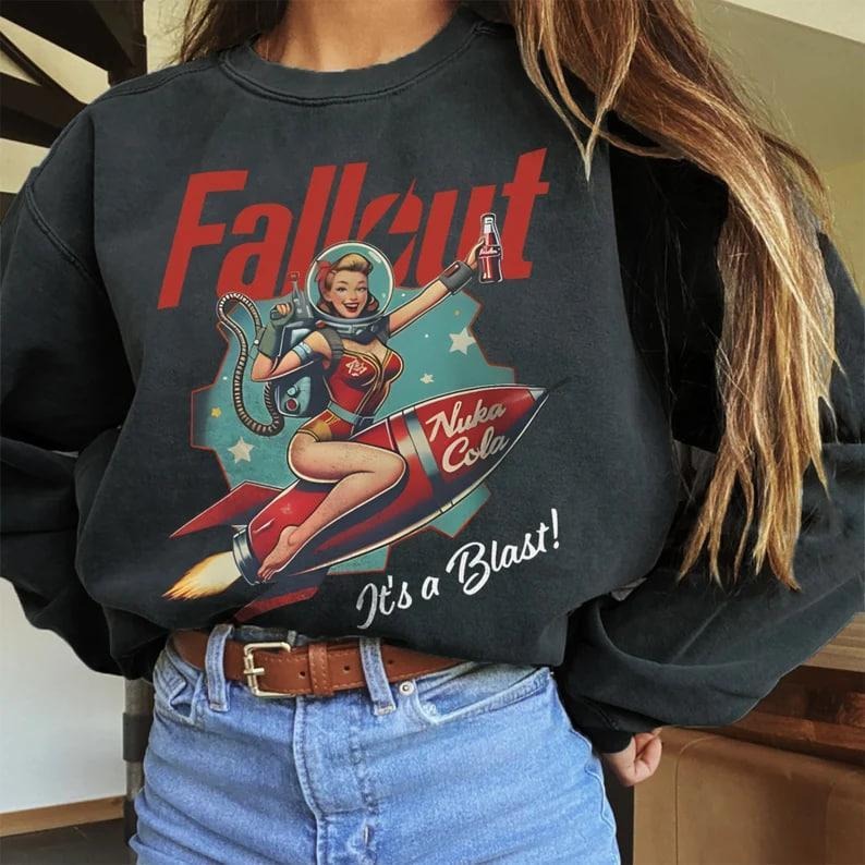 Fallout Nuka Cola Bottle Shirt Sweatshirt - Retro Graphic T-Shirt with Vintage Bottle Cap, Cotton Fabric, Unisex, Summer Wear