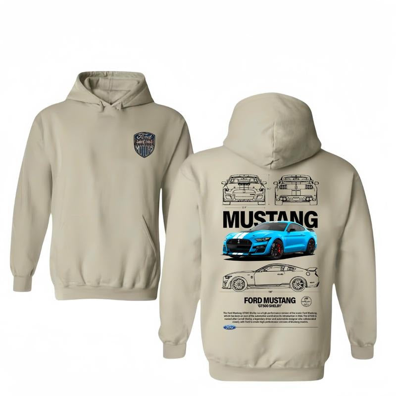 FordMustang GT500 Shelby Hoodie, 2-Side T-ShirtHoodie, Unisex for Man and Women, 100% Cotton, Vintage Graphic Tee, Unisex Sport