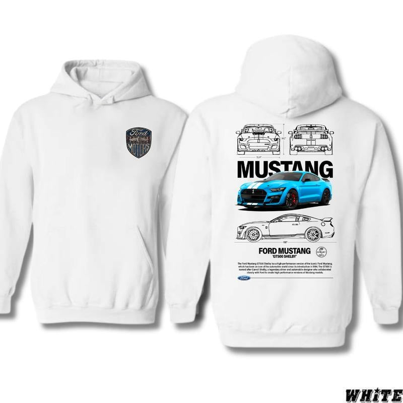 FordMustang GT500 Shelby Hoodie, 2-Side T-ShirtHoodie, Unisex for Man and Women, 100% Cotton, Vintage Graphic Tee, Unisex Sport