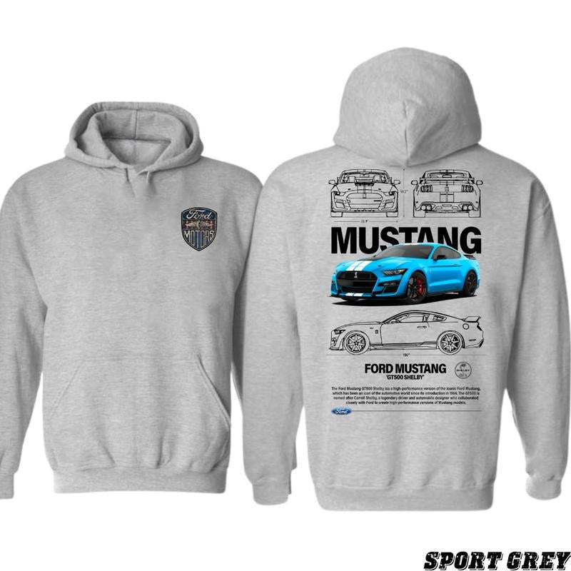 FordMustang GT500 Shelby Hoodie, 2-Side T-ShirtHoodie, Unisex for Man and Women, 100% Cotton, Vintage Graphic Tee, Unisex Sport