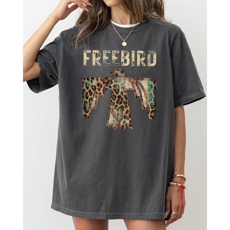 Free Bird, Western Thunderbird, Leopard Print, Concert Tee, Country, Rock Music Tshirt, Women's Comfort Color Tee, Tshirt