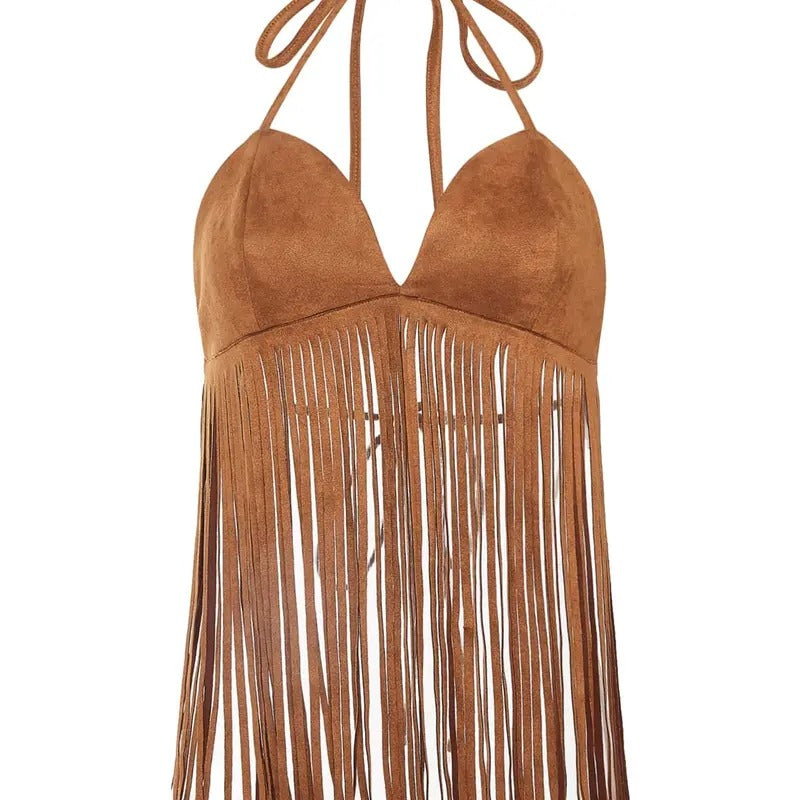 Fringe Tied Backless Deep V Neck Suede Halter TopY2K