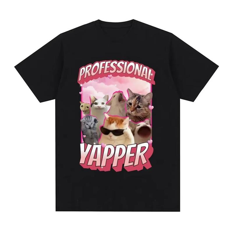 Funny Professional Yapper Meme Cat Pattern Vintage Graphic Tee Womens Fashion Retro Short sleeved Tshirt Casual Comfortable T-shirt, Funny T-shirt