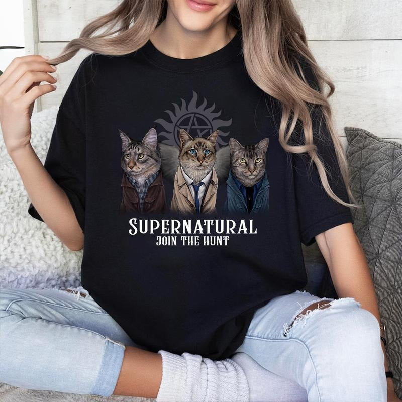 Funny Supernatural Cat T Shirt, Supernatural Vintage T Shirt, Gift For Woman and Man Unisex T-Shirt Sweatshirt Hoodie style 001