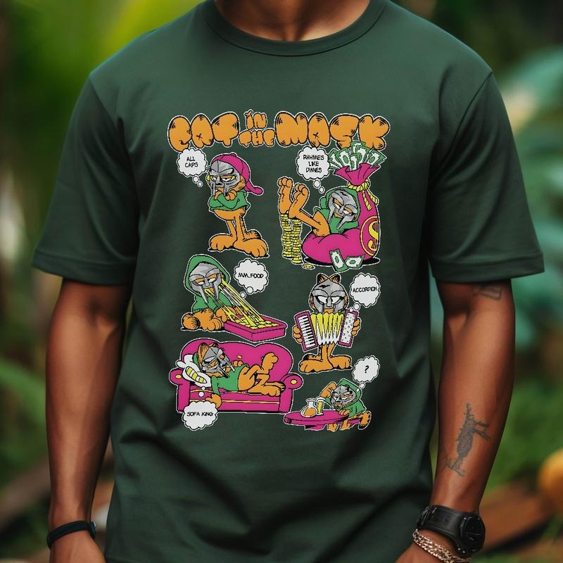 Garfield Cat MF DOOM Mask Graphic T-Shirt, Urban Streetwear with Hip Hop Style Design, Perfect Sweatshirt for DOOM Fans, Hoodies for Cartoon Fans
