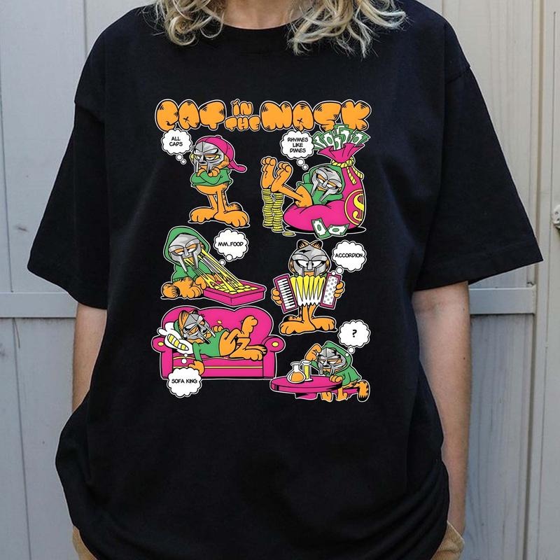 Garfield Cat MF DOOM Mask Graphic T-Shirt, Urban Streetwear with Hip Hop Style Design, Perfect Sweatshirt for DOOM Fans, Hoodies for Cartoon Fans