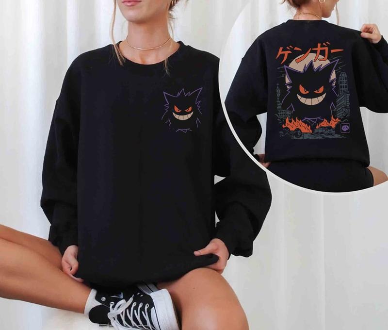 Gengar SWEATSHIRTS | Gengar 2 Sides Sweatshirt | Dark Ghost Kaiju Japanese Style SWEATSHIRTS | Japanese Anime Movie Film Nerd Gaming Novelty Funny Unisex Sweatshirts, Halloween Sweatshirt, Gengar Halloween Sweatshirt