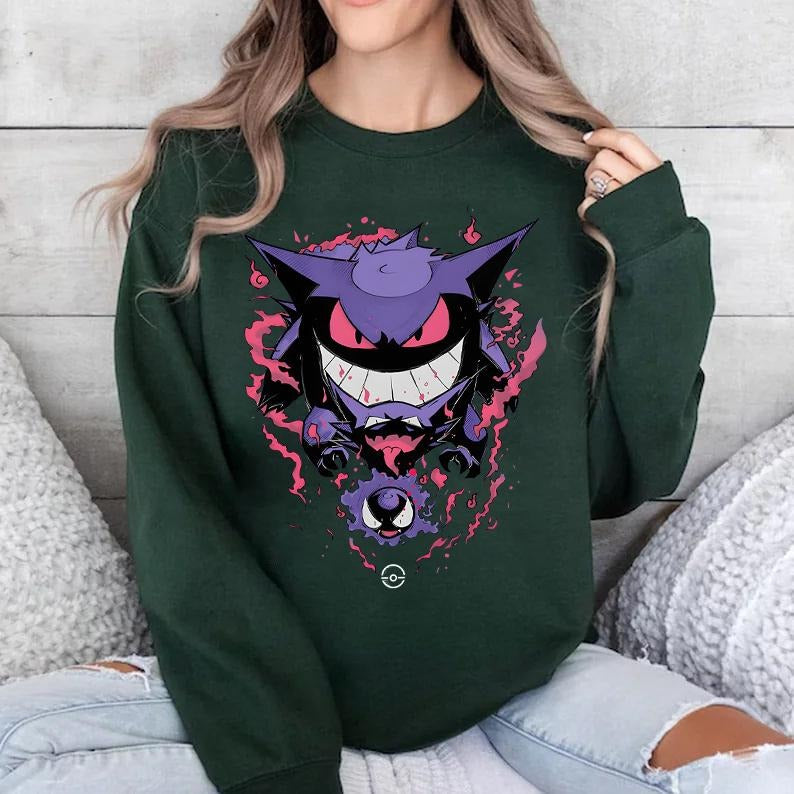 Gengar SWEATSHIRTS | Gengar Ghost Sweatshirt | Dark Ghost Kaiju Japanese Style SWEATSHIRTS | Japanese Anime Movie Film Nerd Gaming Novelty Funny Unisex Sweatshirts | Gengar Halloween Sweatshirt