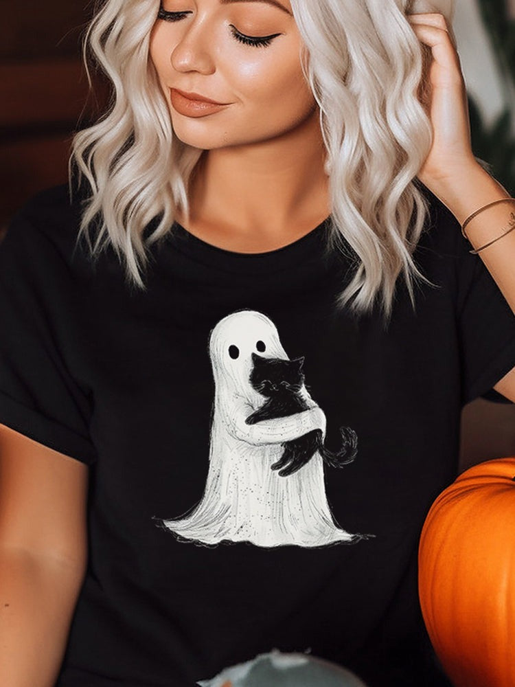 Ghost Hugging Cat Graphic Tee